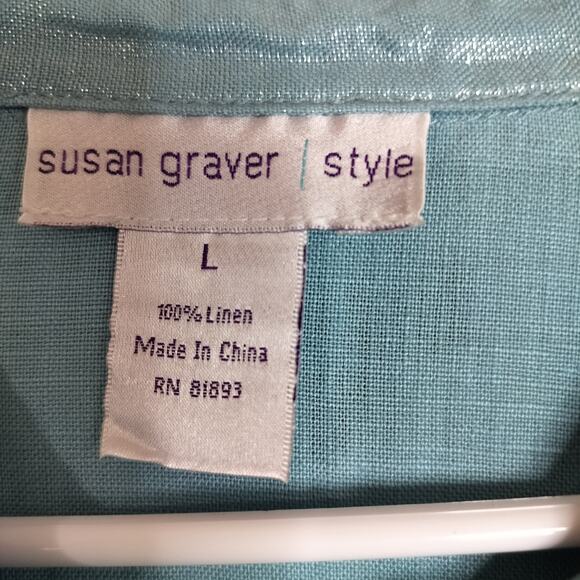 4289)Susan Graver  Aqua Blue Linen Metallic detail Button Up Long Sleeve Top L - Picture 7 of 8